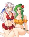  2girls :d absurdres bangs bare_shoulders bikini bikini_skirt blush breasts brown_eyes cleavage collarbone elincia_ridell_crimea fingerless_gloves fire_emblem fire_emblem:_radiant_dawn fire_emblem_heroes flower gloves green_hair grey_hair hair_flower hair_ornament hair_ribbon hibiscus highres large_breasts long_hair looking_at_viewer medium_breasts micaiah_(fire_emblem) miniskirt multiple_girls navel official_alternate_costume open_mouth orange_bikini orange_swimsuit red_bikini red_gloves red_swimsuit ribbon side-tie_bikini simple_background sitting skirt smile swimsuit tridisart white_background wristband yellow_eyes 