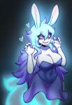  1girl animal_ears artist_name aura bare_shoulders breasts cleavage dress fangs frenchthenhen ghost_tail glowing glowing_eyes heart highres long_hair looking_at_viewer mario_+_rabbids_sparks_of_hope open_mouth rabbit_ears red_eyes solo teeth tongue tongue_out very_long_hair 