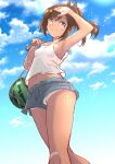  1girl alternate_costume bandaid bandaid_on_knee bandaid_on_leg blue_sky breasts brown_eyes brown_hair casual cloud commentary_request denim denim_shorts feet_out_of_frame food fruit fuji_(pixiv24804665) hair_ornament highres i-401_(kancolle) kantai_collection panties panties_under_shorts ponytail shorts sky small_breasts solo tan tank_top tanlines underwear watermelon white_panties white_tank_top 