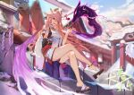  1girl animal_ears cherry_blossoms detached_sleeves duplicate earrings fox_ears fox_shadow_puppet genshin_impact highres japanese_clothes jewelry miko nontraditional_miko obiage pink_hair pixel-perfect_duplicate purple_eyes shoe_dangle shrine sitting solo tqdwwu6obqajmvu vision_(genshin_impact) wide_sleeves yae_miko 