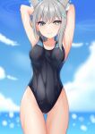  1girl animal_ears armpits arms_behind_head bangs black_swimsuit blue_archive blue_eyes blue_sky blurry cloud cloudy_sky commentary_request competition_school_swimsuit depth_of_field grey_hair hair_between_eyes halo highleg highleg_swimsuit highres horizon looking_at_viewer mismatched_pupils ocean school_swimsuit shiroko_(blue_archive) shiroko_(swimsuit)_(blue_archive) short_hair sidelocks sky sleeveless solo swimsuit wet wet_clothes wet_swimsuit wolf_ears wolf_girl yoiyami_mutsuki 