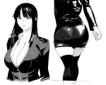  1girl ass black_hair boots breasts closed_mouth collarbone collared_dress dress from_behind jacket large_breasts long_hair nico_robin one_piece pomki simple_background skirt solo thigh_boots 