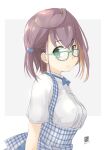  1girl absurdres black_hair blue-framed_eyewear blue_bow blue_bowtie bow bowtie employee_uniform fyuo gingham_apron glasses green_eyes highres kantai_collection kobeya kobeya_uniform looking_at_viewer multicolored_hair okinami_(kancolle) one-hour_drawing_challenge pink_hair pleated_shirt shirt short_hair simple_background solo uniform upper_body waitress white_background white_shirt 