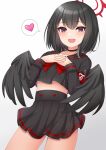  1girl :d armband bangs black_hair black_wings blue_archive choker commentary_request feathered_wings hair_between_eyes halo hands_on_own_chest heart highres long_sleeves looking_at_viewer mashiro_(blue_archive) midriff pleated_skirt purple_eyes school_uniform serafuku short_hair sidelocks simple_background skirt smile solo spoken_heart white_background wings yoiyami_mutsuki 