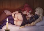  2girls anna_(fire_emblem) anus ass bed blonde_hair blurry blurry_foreground braid braided_ponytail breast_grab breast_sucking breasts candle fingering fire_emblem fire_emblem:_three_houses garreg_mach_monastery_uniform grabbing ingrid_brandl_galatea looking_at_another lying multiple_girls nipples on_side pantyhose pillow ponytail pussy red_hair smile thighhighs yuri zero_a 