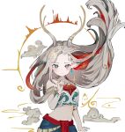  1girl arknights arm_at_side closed_mouth crop_top earrings floating_hair grey_eyes hand_up highres horns jewelry looking_at_viewer navel nine-colored_deer pointy_ears ryu_(17569823) smile solo upper_body white_background white_hair 