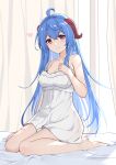  1girl absurdres ahoge alternate_costume arm_at_side armpit_crease bangs bare_arms bare_legs bare_shoulders barefoot blue_hair blush breasts cleavage closed_mouth crossed_bangs dot_nose dress frilled_dress frills full_body ganyu_(genshin_impact) genshin_impact goat_horns hair_between_eyes hand_up heart highres horns l.tea large_breasts long_hair looking_at_viewer on_bed purple_eyes sitting smile solo strap_slip wariza white_dress 