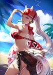  1girl akatsuki_(kuon) animal_ears ass bangs baseball_cap beach bikini black_sarong blue_sky blunt_bangs cloud day food food_in_mouth gold_ship_(umamusume) grey_hair hat highres holding holding_food holding_innertube horse_ears horse_girl horse_tail innertube long_hair medium_hair ocean palm_tree ponytail popsicle popsicle_in_mouth purple_eyes red_bikini red_headwear sarong sky solo swimsuit tail tree umamusume very_long_hair 