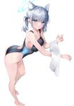  1girl absurdres animal_ear_fluff animal_ears bangs bare_arms bare_legs barefoot black_swimsuit blue_archive blue_eyes blush breasts cleavage competition_swimsuit cross_hair_ornament extra_ears from_above full_body grey_hair hair_ornament halo hane_yuki highleg highleg_swimsuit highres leaning_forward looking_at_viewer looking_up medium_breasts medium_hair mismatched_pupils multicolored_clothes multicolored_swimsuit official_alternate_costume one-piece_swimsuit parted_lips ponytail shiroko_(blue_archive) shiroko_(swimsuit)_(blue_archive) sidelocks simple_background solo standing swimsuit towel two-tone_swimsuit white_background white_towel 