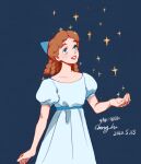  1girl 4ak--ojbk blue_bow blue_dress blue_eyes bow brown_hair curly_hair dress long_hair peter_pan peter_pan_(disney) puffy_short_sleeves puffy_sleeves short_sleeves solo sparkle wendy_darling 