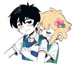  2boys ahoge basil_(omori) biting biting_clothes black_hair blonde_hair blue_eyes collared_shirt flower hair_between_eyes hair_flower hair_ornament highres hug hug_from_behind multiple_boys omori pink_flower remi_(mozzaremi) scar scar_across_eye shirt sidelocks smile sunny_(omori) white_background 