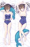  1girl a01macaron armpits arms_up bare_legs barefoot bed_sheet blush breasts breasts_apart cleavage clothes_pull collarbone covered_navel dakimakura_(medium) food full_body groin highres idolmaster idolmaster_cinderella_girls looking_at_viewer looking_away lying medium_breasts mole mole_under_eye mouth_hold nintendo_switch nipples old_school_swimsuit on_back pocky school_swimsuit sharp_teeth skin_tight stuffed_animal stuffed_shark stuffed_toy sunazuka_akira swimsuit swimsuit_pull teeth twintails wavy_hair 