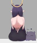  1girl absurdres ass back backless_dress backless_outfit black_dress blush_stickers commentary dress english_commentary flying_sweatdrops from_behind halo highres hololive hololive_english long_hair looking_to_the_side multicolored_hair ninomae_ina&#039;nis pointy_ears purple_hair simple_background sitting sweatdrop takodachi_(ninomae_ina&#039;nis) tentacle_hair tentacles two-tone_hair very_long_hair virtual_youtuber white_background white_wings wings xt_ecchi 