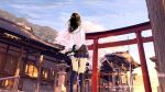  1girl arms_behind_back black_socks blue_skirt brown_hair building cherry_blossoms cloud flower from_behind holding kneehighs long_hair long_sleeves looking_away mountain oekaki_nanana original outdoors petals pink_flower pleated_skirt sailor_collar scenery school_uniform serafuku shirt shrine skirt sky socks solo standing sunset torii tree white_sailor_collar white_shirt 