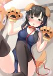  1girl :o animal_collar animal_ears animal_hands assault_lily bangs bare_shoulders black_hair blue_swimsuit blunt_bangs blush breasts brown_hairband brown_tail carpet cleavage collar collarbone commentary_request day dog_ears dog_paws dog_tail fake_animal_ears fake_tail feet_out_of_frame flower_knot gloves green_eyes gungun_(hakutou7887) hair_ornament hair_over_shoulder hair_scrunchie hairband half-closed_eyes hands_up heart indoors leash legs_up lens_flare long_hair looking_at_viewer low_ponytail lying medium_breasts no_shoes on_back on_floor one-piece_swimsuit parted_lips paw_gloves raised_eyebrows school_swimsuit scrunchie side_ponytail solo stuffed_toy swimsuit tail tassel tassel_hair_ornament wang_yujia white_scrunchie 