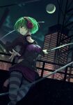  1girl building choker green_eyes green_hair headphones highres holding holding_weapon holding_whip moon night night_sky online_neet phonon_(under_night_in-birth) short_hair sky smile solo striped striped_legwear under_night_in-birth upper_body weapon whip 