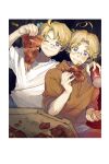  2boys ;d ahoge america_(hetalia) arm_around_shoulder axis_powers_hetalia blonde_hair blue_eyes blurry blurry_background border brothers can canada_(hetalia) cheese_trail eating fingernails food food_in_mouth highres holding holding_food holding_pizza male_focus multiple_boys ninonuko one_eye_closed pepperoni pizza pizza_box pizza_slice purple_eyes siblings smile soda_can white_border 