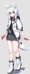  1girl :o animal_ears bare_legs black_skirt boots fox_ears fox_girl fox_tail full_body highres hood hood_down hoodie kurousagi_tetora long_hair miniskirt original pleated_skirt purple_eyes skirt sleeves_past_elbows tail white_footwear white_hair 