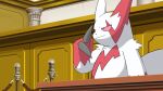  ace_attorney claws column commentary_request furry highres indoors matchstick_39 no_humans pillar pokemon pokemon_(creature) red_eyes rope smile tail thinking white_fur zangoose 
