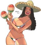  1girl bikini brown_hair dark-skinned_female dark_skin facial_hair flag_print hat instrument long_hair lowleg lowleg_bikini mariachi mexican_flag_print mustache navel ohasi original simple_background smile solo sombrero swimsuit 