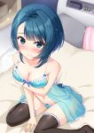  1girl aizawa_kazuha arm_under_breasts assault_lily asymmetrical_hair babydoll bangs bare_arms bare_shoulders bed between_legs black_thighhighs blanket blue_babydoll blue_bow blue_eyes blue_hair blue_panties blunt_bangs blush bow bow_babydoll bow_panties box breast_hold breasts cleavage clock closed_mouth collarbone commentary_request cosmetics digital_clock fingernails frilled_babydoll frilled_panties frilled_thighhighs frills groin gungun_(hakutou7887) hand_between_legs highres indoors jewelry light_particles lingerie lipstick_tube looking_at_viewer medium_breasts medium_hair navel no_shoes on_bed panties pillow raised_eyebrows ring see-through shelf side-tie_panties sitting solo stomach string_panties thighhighs underwear underwear_only wariza 