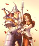  1boy 1girl adelbert_steiner armor beatrix_(ff9) belt bracer breastplate breasts brown_eyes brown_hair chainmail cleavage couple curly_hair dress eyepatch falling_petals final_fantasy final_fantasy_ix hair_over_one_eye hat_feather helmet holding holding_hands holding_sword holding_weapon knight large_breasts long_hair looking_at_another loose_belt multiple_belts nail_polish parted_lips petals plate_armor regan_(hatsumi) shoulder_strap sleeveless sleeveless_dress smile sword upper_body weapon weapon_on_back 