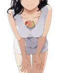  1girl bird bird_on_breast black_hair collarbone dress hands_on_own_thighs head_out_of_frame leaning_forward lovebird mattaku_mousuke original parrot sleeveless sleeveless_dress smile white_dress 