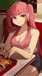  1girl bangs bare_arms bare_shoulders breasts chocojax cleavage commentary cup disposable_cup drinking_straw earrings fire_emblem fire_emblem:_three_houses food french_fries grin highres hilda_valentine_goneril hoop_earrings indoors jewelry large_breasts long_hair looking_at_viewer pink_eyes pink_hair pink_shirt shirt sitting sleeveless sleeveless_shirt smile solo twintails very_long_hair 