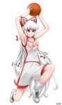  1girl ball basketball basketball_uniform bow fujiwara_no_mokou full_body gym_shorts hair_bow highres holding holding_ball long_hair pan-ooh playing_sports red_hair shirt shorts solo sportswear touhou very_long_hair white_footwear white_hair white_shirt white_shorts 