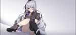  1girl absurdres artist_name bangs black_footwear black_gloves bronya_zaychik commentary_request dated dress expressionless fled gloves grey_background grey_eyes grey_hair hair_between_eyes highres honkai_(series) honkai_impact_3rd long_hair looking_at_viewer shoes short_sleeves sidelocks single_thighhigh sitting solo sunglasses thighhighs very_long_hair 