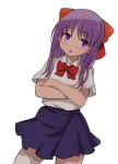  1girl bangs blue_skirt bow bowtie commentary cowboy_shot crossed_arms dress_shirt hair_bow half_updo highres himematsu_school_uniform long_hair looking_at_viewer miniskirt open_mouth pila_(pilayamato) purple_eyes purple_hair red_bow red_bowtie saki school_uniform shirt short_sleeves simple_background skirt solo standing suehara_kyouko thighhighs white_background white_shirt white_thighhighs wing_collar 