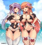  2girls ass_visible_through_thighs bangs bare_shoulders bikini black_bikini black_gloves black_ribbon blue_eyes bow breasts collarbone commission covered_nipples detached_collar fang flower gloves hair_flower hair_intakes hair_ornament hair_ribbon highleg highleg_bikini large_breasts long_hair looking_at_viewer maid_bikini maid_headdress multiple_girls navel o-ring o-ring_bikini o-ring_top open_mouth orange_hair original pink_flower purple_eyes purple_hair red_bow ribbon side-tie_bikini smile standing swimsuit thick_eyebrows thigh_gap thighhighs twintails very_long_hair virus-g white_gloves white_thighhighs 