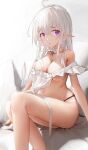  1girl :o absurdres afindex ahoge apron bare_legs bare_shoulders black_panties breasts cleavage detached_collar elf highres long_hair looking_at_viewer medium_breasts no_pants original panties pointy_ears purple_eyes simple_background sitting solo underboob underwear white_background white_hair 