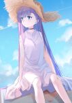  1girl absurdres bangs bare_shoulders blue_eyes blue_sky blush breasts choker coffeekite collarbone dress fate/extra fate/extra_ccc fate/grand_order fate_(series) hat highres long_hair looking_to_the_side meltryllis_(fate) purple_hair sitting sky small_breasts solo straw_hat thighs white_dress 