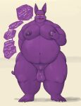  2022 anthro balls belly bodily_fluids champa dialogue digital_media_(artwork) domestic_cat dragon_ball dragon_ball_super ear_piercing english_text felid feline felis foreskin front_view genital_fluids genitals hand_on_moob hi_res khronosz lactating male male_lactation mammal milk moobs nipples nude obese obese_anthro obese_male open_mouth overweight overweight_anthro overweight_male penis piercing precum pubes purple_body simple_background sweat talking_to_viewer text yellow_sclera 