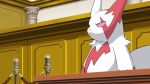  ace_attorney column commentary_request frown furry highres indoors matchstick_39 no_humans pillar pokemon pokemon_(creature) red_eyes rope tail white_fur zangoose 