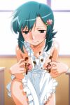  1girl apron aqua_eyes aqua_hair asymmetrical_bangs bangs blush breasts chocolate cowboy_shot hair_ornament hairclip heart heart_hair_ornament indoors kozue_hinako messy nipples non-web_source official_art photoshop_(medium) small_breasts solo standing super_real_mahjong tanaka_ryou white_apron 