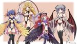  4girls apple bandages bat_wings blonde_hair blue_hair breasts chaya_mago commentary_request cosplay detached_sleeves earrings feathered_wings food fruit green_eyes grey_hair harpie_dancer harpie_dancer_(cosplay) harpie_queen harpie_queen_(cosplay) highres hochun_mieru jewelry kujaku_mai large_breasts looking_at_viewer maiden_in_love maiden_in_love_(cosplay) medium_breasts mouth_veil multiple_girls one_eye_closed purple_eyes rain_megumi red_eyes red_hair revealing_clothes saotome_rei signature small_breasts thighhighs twintails vampire_grimson vampire_grimson_(cosplay) veil whip winged_arms wings yu-gi-oh! yu-gi-oh!_arc-v yu-gi-oh!_duel_monsters yu-gi-oh!_gx yu-gi-oh!_tag_force 