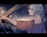  1boy blue_eyes blurry blurry_background blush car_interior check_copyright copyright_request driving eyes_visible_through_hair grey_hair light_blue_eyes long_neck male_focus night night_sky original parted_lips ponytail sitting sky sleeves_rolled_up solo tsunekawa_niwasuke upper_body 