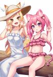  2girls animal_ears bikini blonde_hair cat_ears cat_girl cat_tail dress fangs fox_ears fox_girl fox_tail hair_ornament hat highres hooksampao long_hair multiple_girls nail_polish navel open_mouth original pink_bikini pink_eyes pink_hair smile stomach swimsuit tail twintails v white_dress wings yellow_eyes yellow_nails 