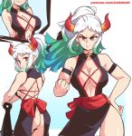  1girl black_dress blue_hair breasts cleavage club_(weapon) dashi dress earrings glaring green_hair highres horns jewelry large_breasts multicolored_hair multicolored_horns multiple_views one_piece simple_background weapon white_hair yamato_(one_piece) 