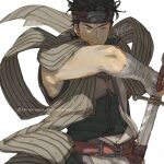  1boy 91007 bandaged_arm bandages black_hair closed_eyes closed_mouth fire_emblem fire_emblem_echoes:_shadows_of_valentia headband highres holding holding_sword holding_weapon kamui_(fire_emblem) looking_at_viewer male_focus smile solo sword upper_body weapon 