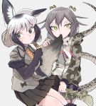  2girls :3 absurdres animal_ear_fluff animal_ears animal_print bangs bat-eared_fox_(kemono_friends) biting black_hair boots brown_eyes center_frills closed_mouth drawstring elbow_gloves extra_ears food fox_ears fox_girl fox_tail frills fur-trimmed_sleeves fur_trim furrowed_brow gloves green_eyes grey_background grey_hair hand_up highres holding holding_food hood hood_down hooded_jacket jacket kanmoku-san kemono_friends long_hair looking_at_viewer medium_hair miniskirt multicolored_eyes multicolored_hair multiple_girls okinawa_habu_(kemono_friends) pink_hair pleated_skirt print_footwear print_jacket short_sleeves sidelocks simple_background sitting skirt slit_pupils snake_print snake_tail streaked_hair tail two-tone_hair white_hair yellow_eyes zipper_pull_tab 