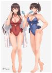  2girls adapted_costume akagi_(kancolle) barefoot breasts brown_eyes brown_hair casual_one-piece_swimsuit cleavage cosplay eating food food_in_mouth frilled_swimsuit frills full_body hair_between_eyes highres holding holding_food ice_cream ice_cream_bar jacket kaga_(kancolle) kantai_collection large_breasts long_hair mouth_hold multiple_girls one-piece_swimsuit popsicle rin_(rin_niji) sagiri_(kancolle) sagiri_(kancolle)_(cosplay) side_ponytail simple_background swimsuit white_background 