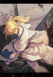  1boy belt black_gloves blonde_hair blue_eyes character_name fighting_stance fingerless_gloves gloves guilty_gear guilty_gear_xrd hair_between_eyes hair_over_one_eye highres ky_kiske long_hair looking_to_the_side magnolia_eclair_ii male_focus multiple_belts online_neet ponytail pose simple_background smile solo sword weapon 