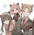  1boy 2girls animal_ears anya_(spy_x_family) bangs black_hair blonde_hair cat_ears child dango_(uni_520) dress earrings eden_academy_uniform female_child gloves green_eyes hairband highres jewelry long_hair long_sleeves multiple_girls pink_hair red_eyes shirt short_hair sidelocks spy_x_family twilight_(spy_x_family) yor_briar 