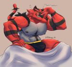  abs absurd_res anthro bed bedding big_bulge big_muscles blanket bulge claws clothing dialogue english_text fur furniture grey_background hi_res huge_muscles incineroar licking licking_lips licking_own_lips looking_at_viewer male muscular muscular_anthro muscular_male narrowed_eyes nintendo nipples obliques on_bed one_eye_closed pecs pok&eacute;mon pok&eacute;mon_(species) robinmg_45 self_lick simple_background sitting smile talking_to_viewer text thick_thighs tongue tongue_out tuft under_covers underwear url vein video_games waking_up 