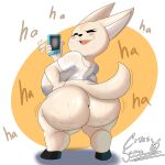  absurd_res aggressive_retsuko anthro big_breasts big_butt blush bodily_fluids bottomless breasts bubble_butt butt canid canine cellphone clothed clothing convenient_censorship cross_samax english_text eyelashes female fennec fenneko finger_wag fox fur half-closed_eyes hand_on_hip hi_res holding_cellphone holding_object holding_phone huge_breasts huge_butt huge_hips huge_thighs laugh looking_at_viewer looking_back mammal motion_lines narrowed_eyes open_mouth open_smile partially_clothed phone rear_view sagging_breasts sanrio shaded shadow short_stack simple_background smile smug solo standing sweat sweaty_butt teeth text thick_thighs tongue wide_hips 