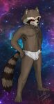  absurd_res anthro briefs brown_body brown_fur bulge clothing fur guardians_of_the_galaxy heibanhikaru hi_res male mammal marvel procyonid raccoon red_eyes rocket_raccoon shirtless sky solo star starry_sky tighty_whities underwear white_briefs white_clothing white_underwear 