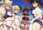  4girls ass bikini black_hair blue_swimsuit breasts cleavage dark-skinned_female dark_skin detached_sleeves eyepatch fischl_(genshin_impact) genshin_impact highres kradebii looking_at_viewer lumine_(genshin_impact) medium_breasts mona_(genshin_impact) multiple_girls navel one-piece_swimsuit one_eye_covered open_clothes open_shorts purple_bikini shorts sideboob smile swimsuit symbol-only_commentary twintails two_side_up white_bikini white_shorts xinyan_(genshin_impact) yellow_eyes 